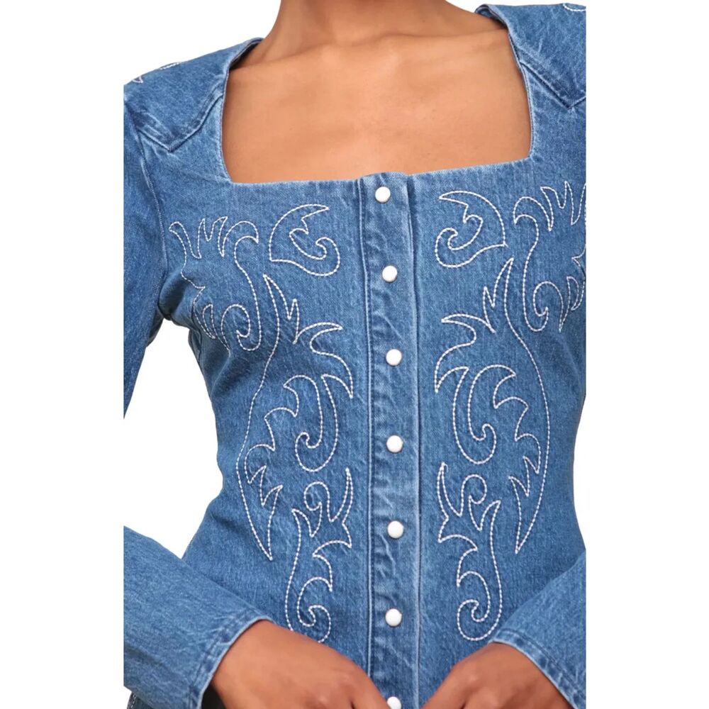 New Avec Les Filles Western Embroidered Long Sleeve Denim Rodeo Minidress Size 8 - Picture 3 of 12